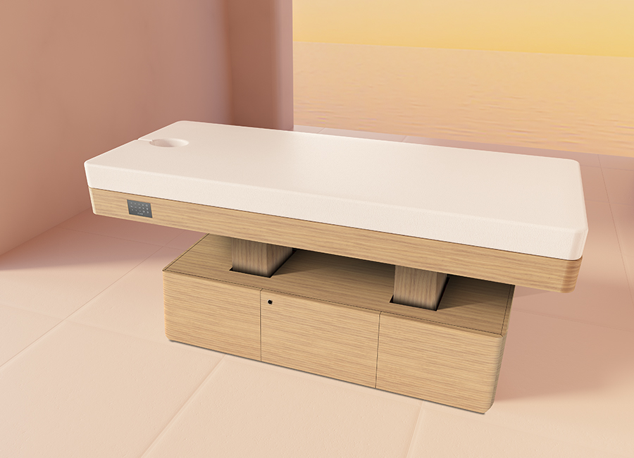 Theia Theia è il lettino da massaggio C.O.D.E.. Qui nella versione con struttura e base unica in rovere naturale.