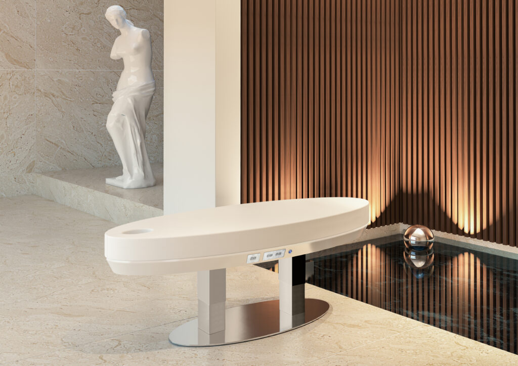 Pure Lettino da massaggio con struttura in acciaio inox lucido e legno laccato bianco opaco.