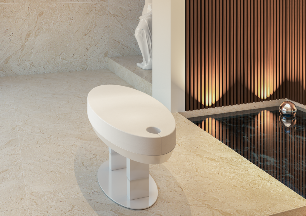 Pure Lettino da massaggio con struttura in acciaio inox laccato bianco e legno laccato bianco opaco.